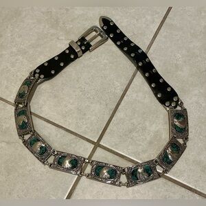 Western-Style Black Leather Adjustable Belt. Turquoise w/Embossed Silver Eagles